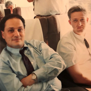 Above: Simon (left) on a bullet train in Japan with a colleague in 1990.